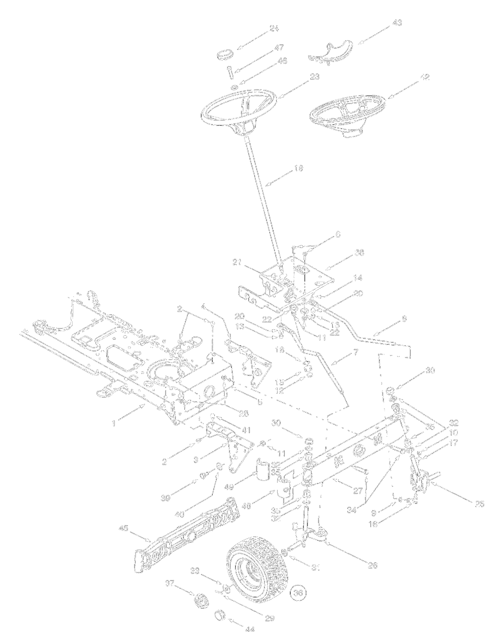 Axleandwheels Front And Steering Assembly Diagram and Parts List for 13BK608G062 2001 Yard Machines Lawn Tractor